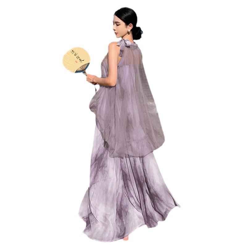 New Chinese style temperament fairy vacation beach dress mesh stitching tie-dye fake two-piece neck dress summer