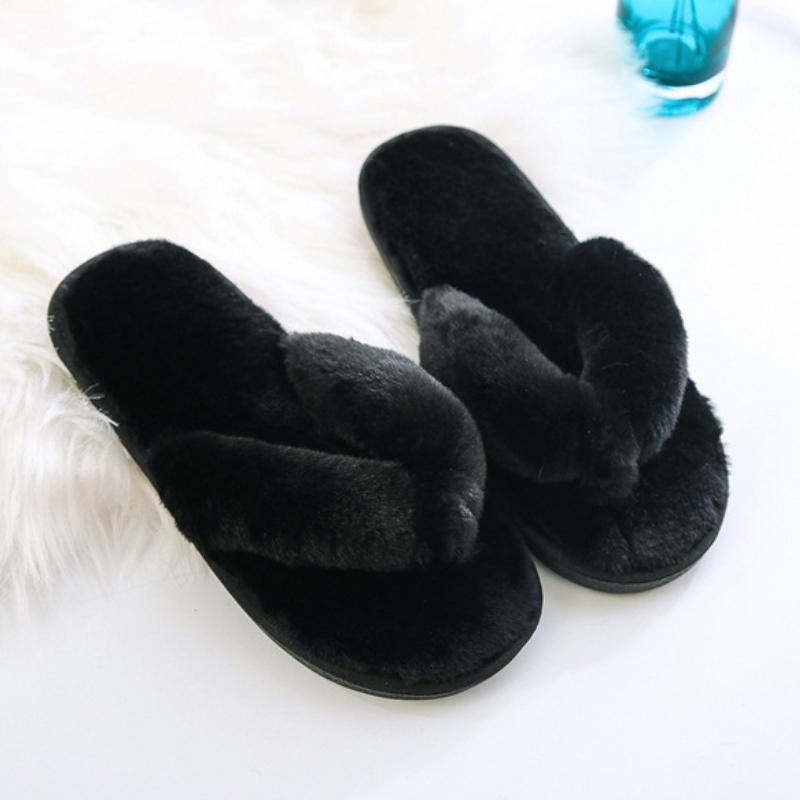 Women's winter home plush flip flops, comfortable wooden floor cotton slippers