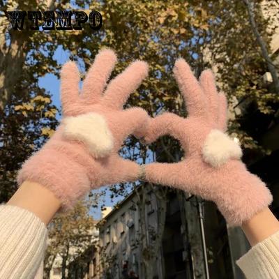 Gloves Women Warm and Thick Winter Knitted Plus Velvet Couple Gloves Even Finger Touch Screen Plush Gloves