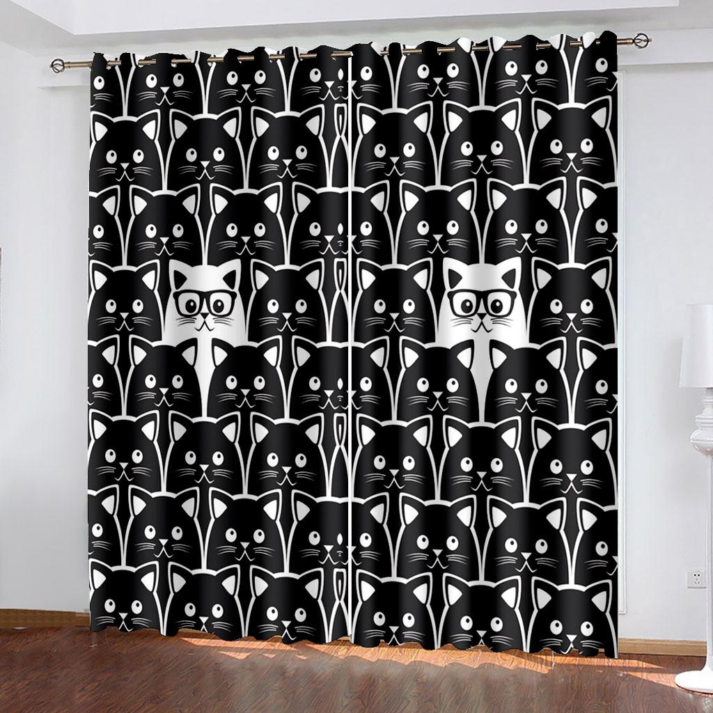 Polyester Window Curtain for Bedroom and Living Room, 2 Panel Decor Hooks, Black Cute Cat, Thin Shading, 130x240, Free Shipping