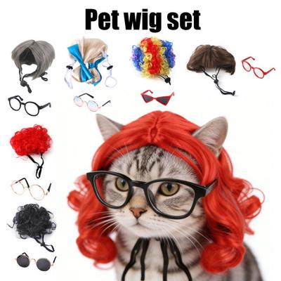 1 Set Cat Wig And Glasses Funny Pet Costume Adjustable Pet Wig Big Hair Photo Prop Outfit for Cats And Small Dogs Holiday Party Cosplay