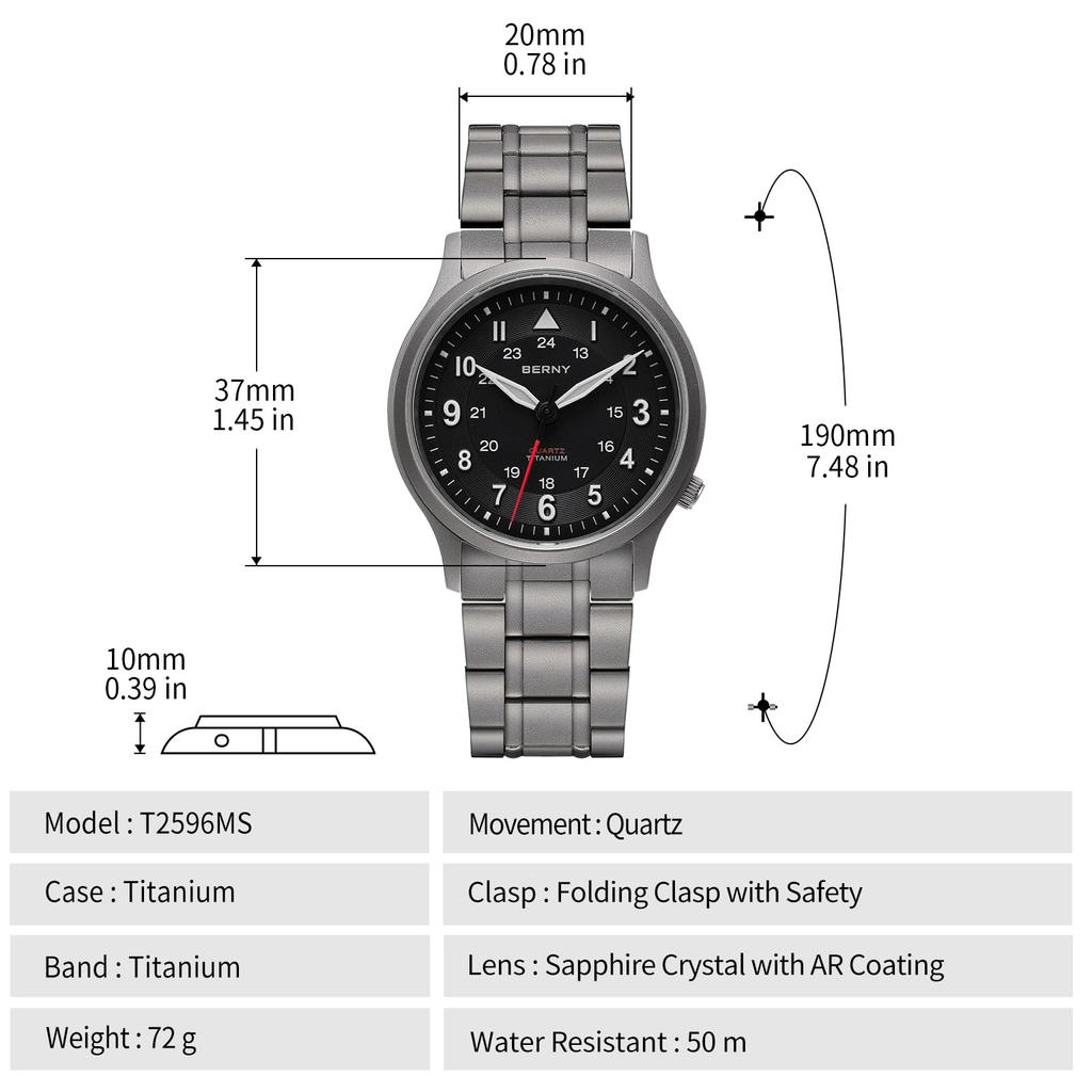 BERNY Titanium Watch for Men & Women, Japanese VH31 Sweep Second Quartz, 5ATM Waterproof Analog Quartz, Super Luminous Sapphire