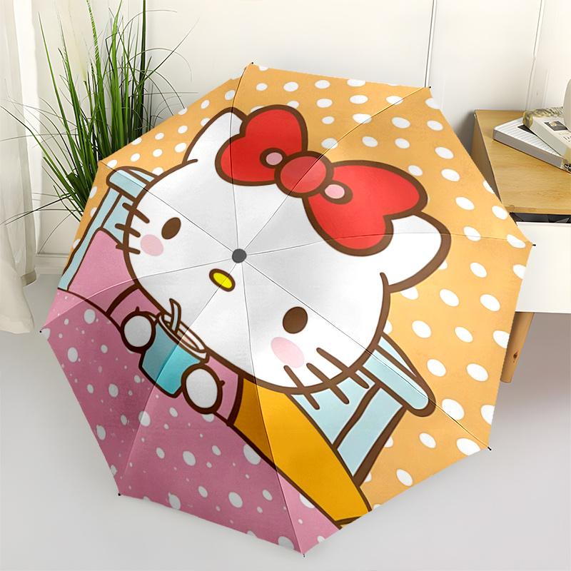 1pc Hello Kitty Polka Dot Outdoor Umbrella with Automatic Open/Closed Mechanism, Portable 3-Fold Design, 8-Rib Iron Frame, Perfect Gift for Fans, Trav