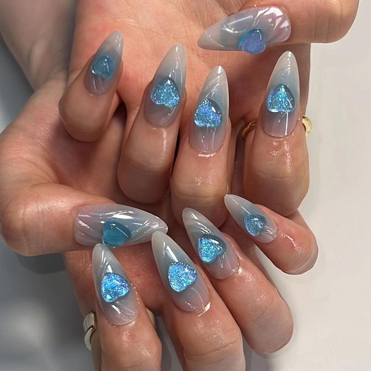 Blue Heart Gradient 3D Wearable Almond Shape Nails