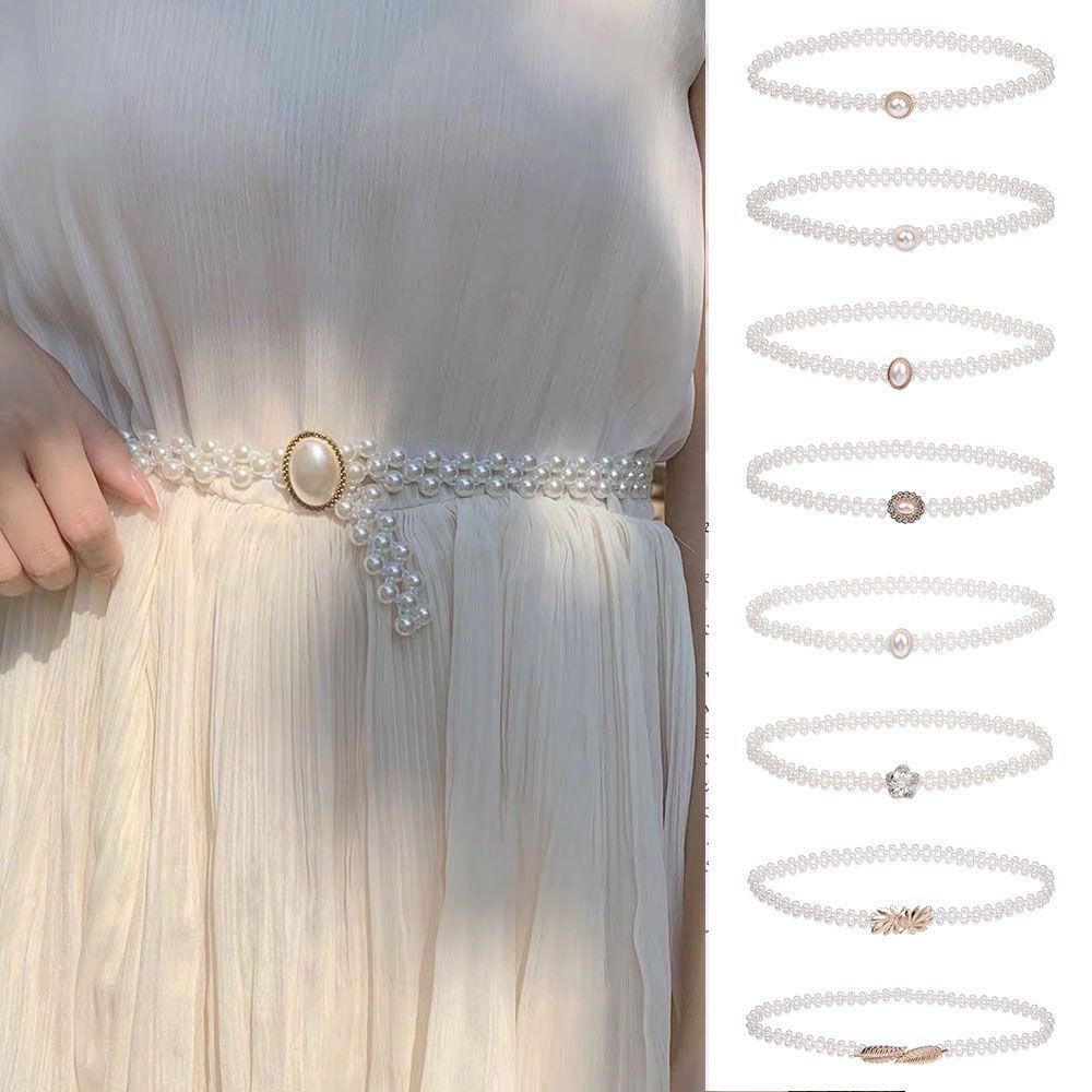 Elegant Women Accessories Clothing Supplies Dress Strap Pearl Waist Belt Pearl Chain Elastic Buckle