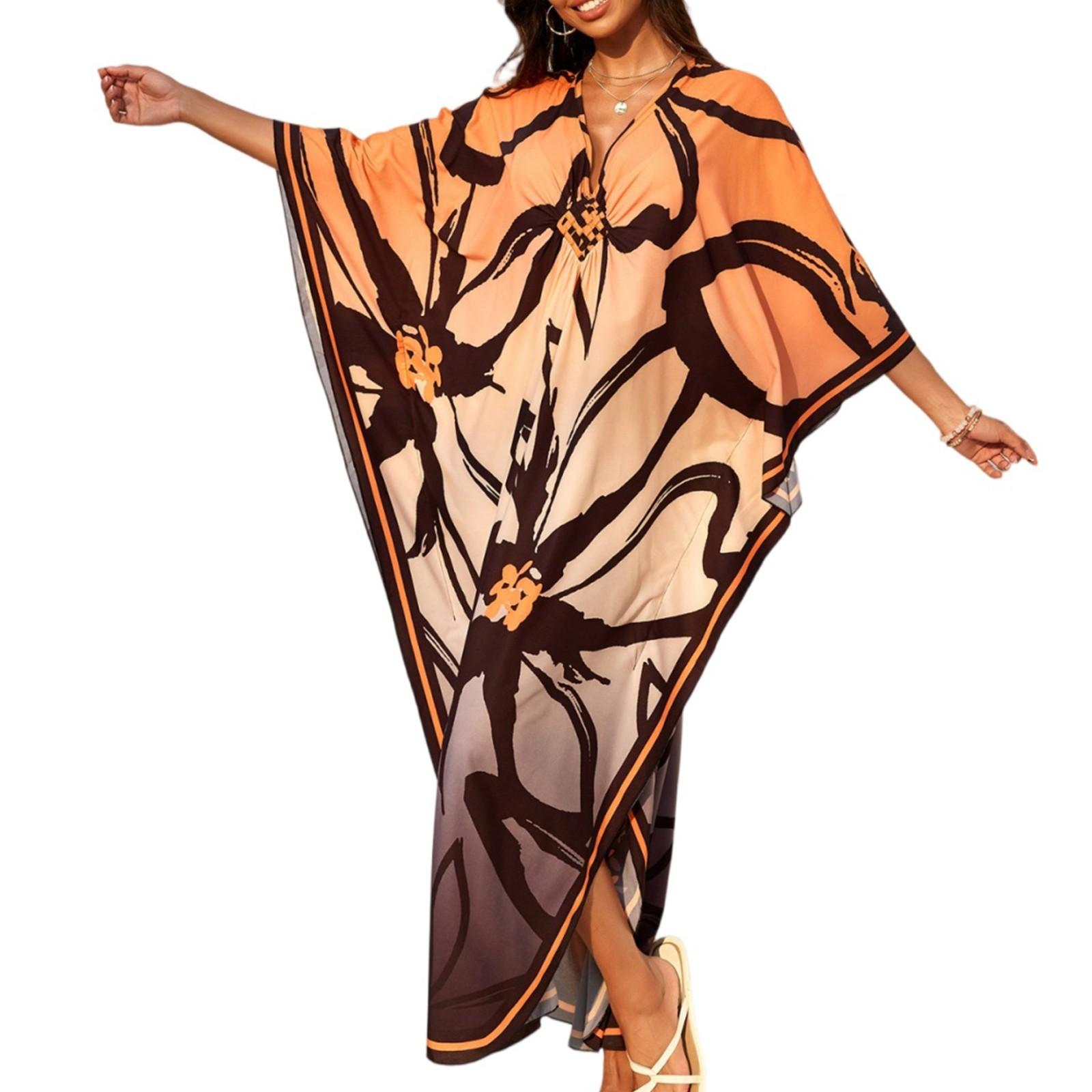 

Женское платье, красочные цветочные принты, свободный халат для отпуска, бикини, защитный халат от солнца One Size оранжевый