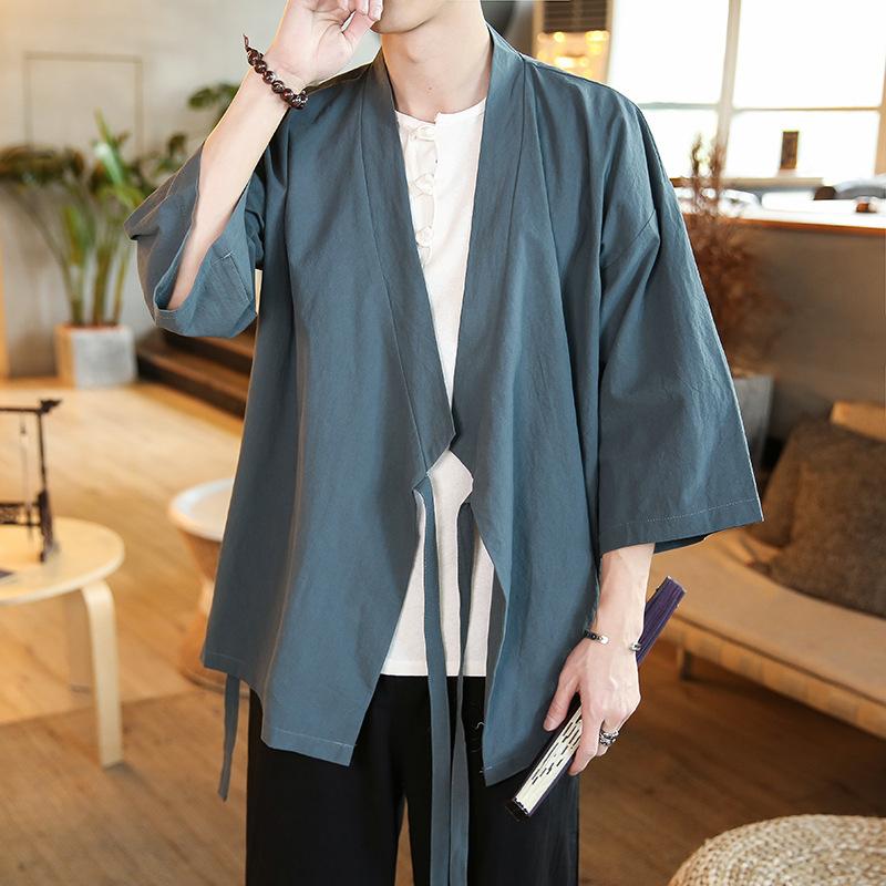 Summer Thin Seven Point Sleeve Cardigan Jacket Men's Casual Short Sleeve Manteau Hanfu Jacket