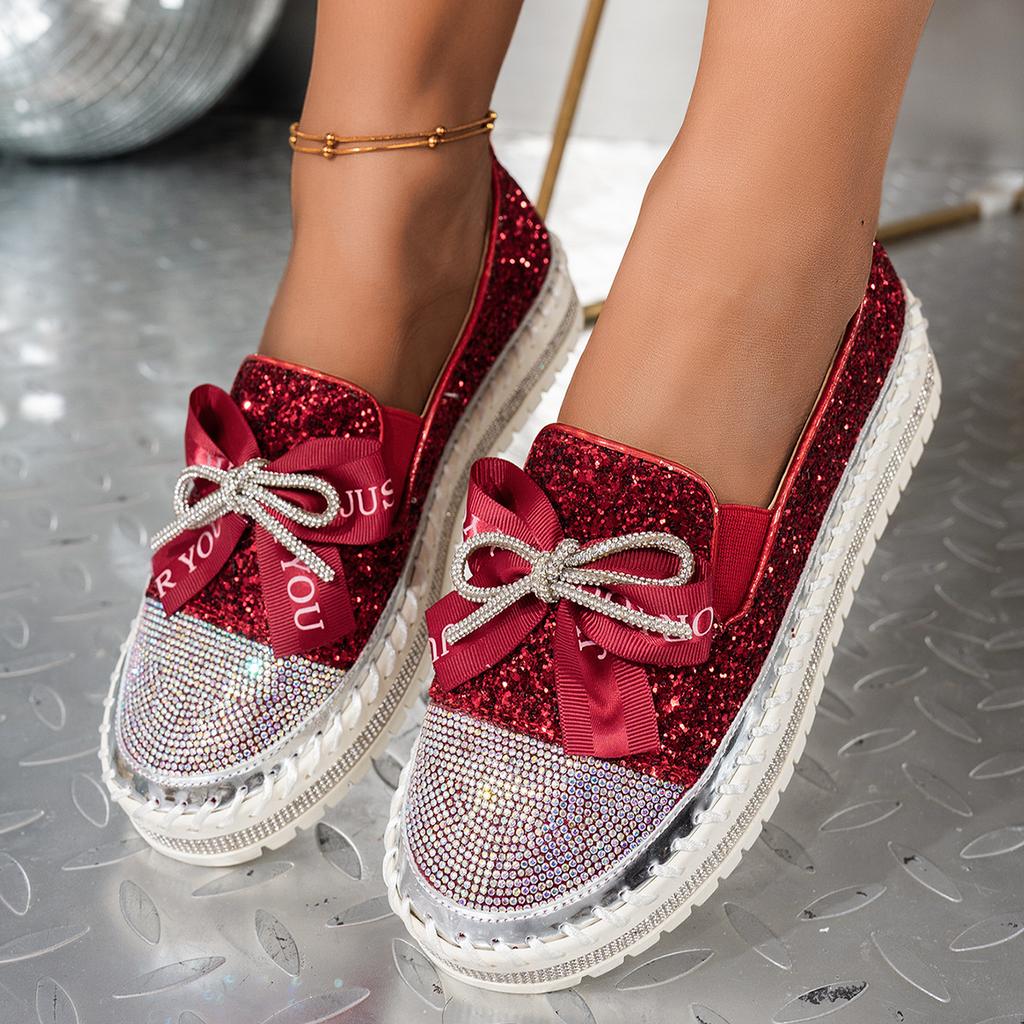 Fashion 35-44 Thick Bottom Rhinestone Bow Mary Jane Shoes Women Flat Shallow Mouth Comfort Casual Shoes Zapatillas De Mujer Loafers 2025
