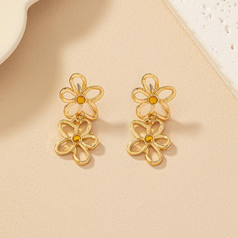 Hollow Double Flower Drop Earrings Korean Design Fashion Minimalist Gold Color Ear Hip Hop Jewelry Gift