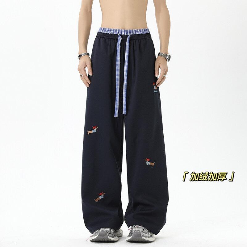 Vintage Puppy Embroidery Loose Wide Leg Double Waist Casual Fleece Long Pants For Men