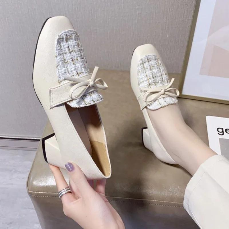 Woman Pumps Block Heel Loafers with Bow Chunky Heels Square Toe Shoes for Women Medium Y2k Popular Stylish Luxury Brand Shoe 39