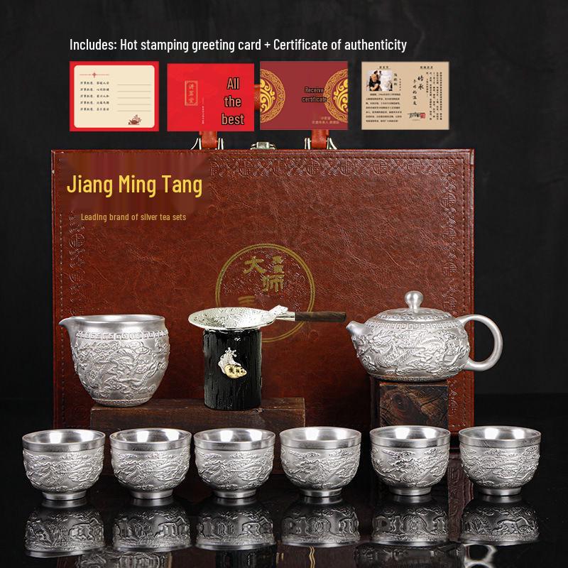 Jiang Ming Tang Gilded Silver Dragon & Phoenix Kung Fu Tea Set