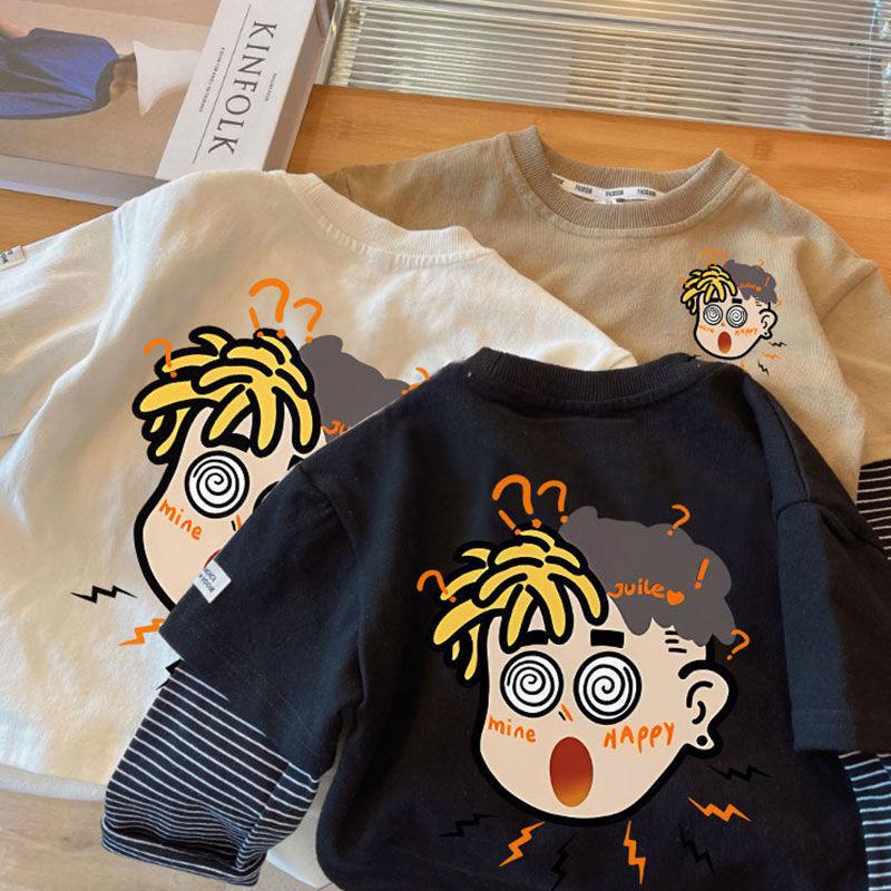 Boys Cotton Long Sleeve T Shirt Fake Two Piece Design Spring Autumn Baby Base Layer Top Comfortable Breathable Kids Clothes