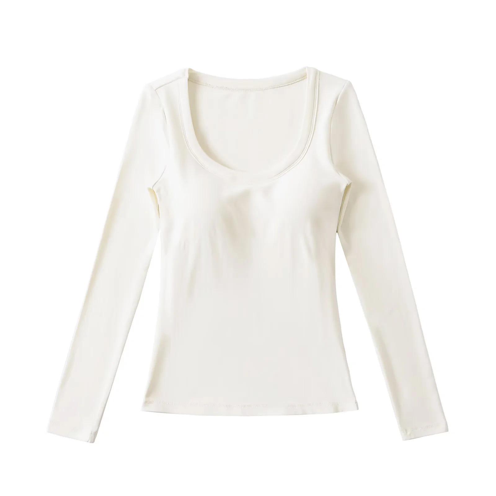 

U-Neck Slim-Fit Long-Sleeve Base Layer T-Shirt with Chest Pads for Women - Autumn Style, Waist-Cinching Hot Girl Top Medium белый