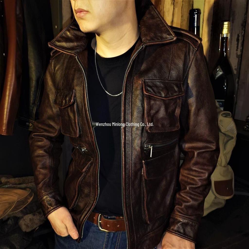 Męska skórzana kurtka motocyklowa w stylu retro chińskim