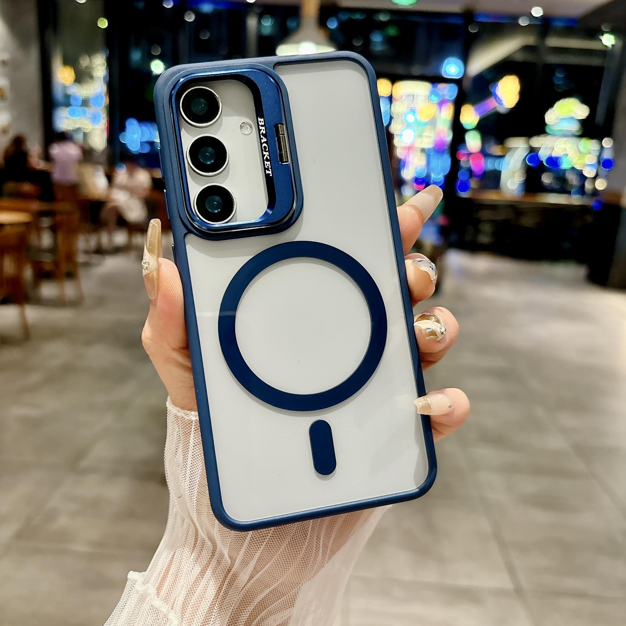 

Однотонный прозрачный чехол-подставка для объектива камеры с магнитной зарядкой и бампером для телефона Samsung Galaxy S25 Ultra S24 FE S23 Plus, мягкая силиконовая защитная крышка Samsung Galaxy S23 Plus темно-синий