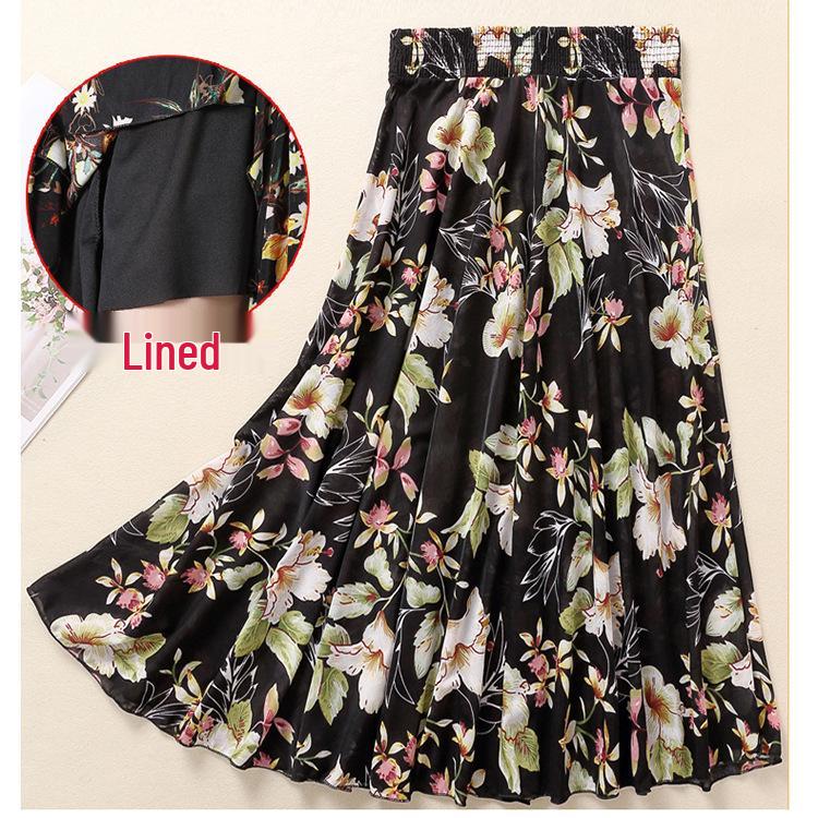 Women's Summer Midi Skirt with Lining - Elegant Swing Ice Silk for Middle-Aged and Elderly