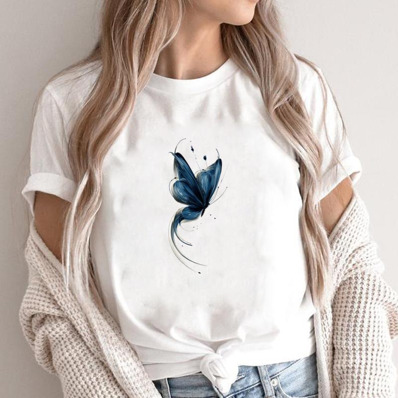 

(Asian Size) butterfly trend cute Print Fashion Female Short Sleeve T-shirts Women s Top T Clothing Casual O-neck Graphic Tee S