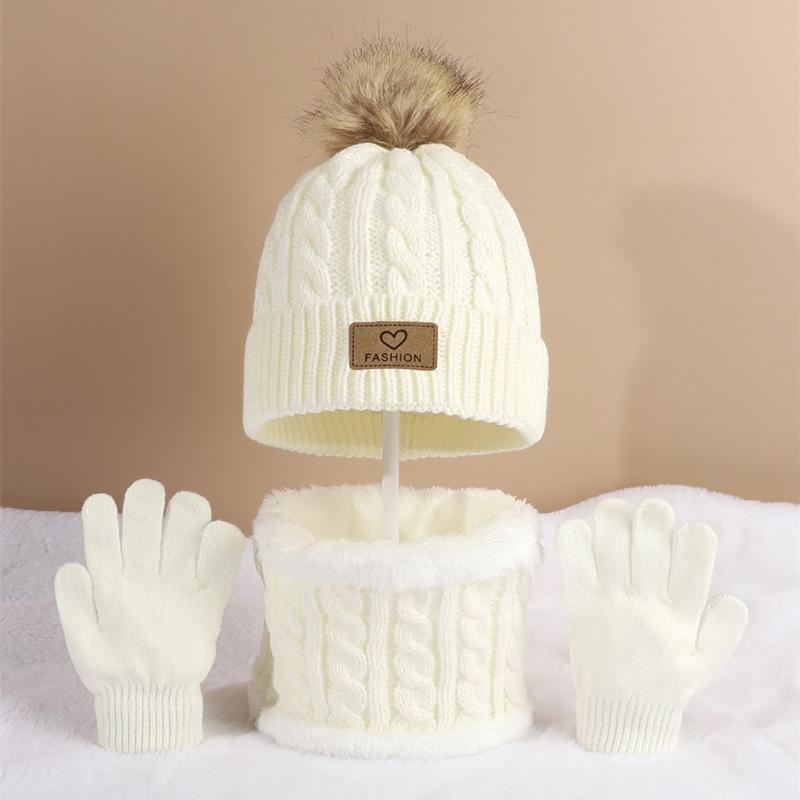 

3 шт./компл. детские зимние теплые помпоны с одним шариком, вязаная шапка, шарф, перчатки для мальчиков и девочек, теплый и морозостойкий костюм 51cm-56cm белый