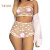 Women Erotic See Through Heart Print Underwear Set Tube Top Lace Micro Shorts