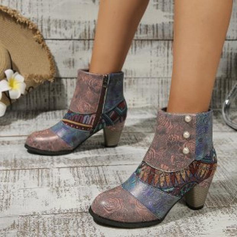 Autumn and winter new ethnic style color matching short boots printed thick heel retro handmade soft leather ankle boots
