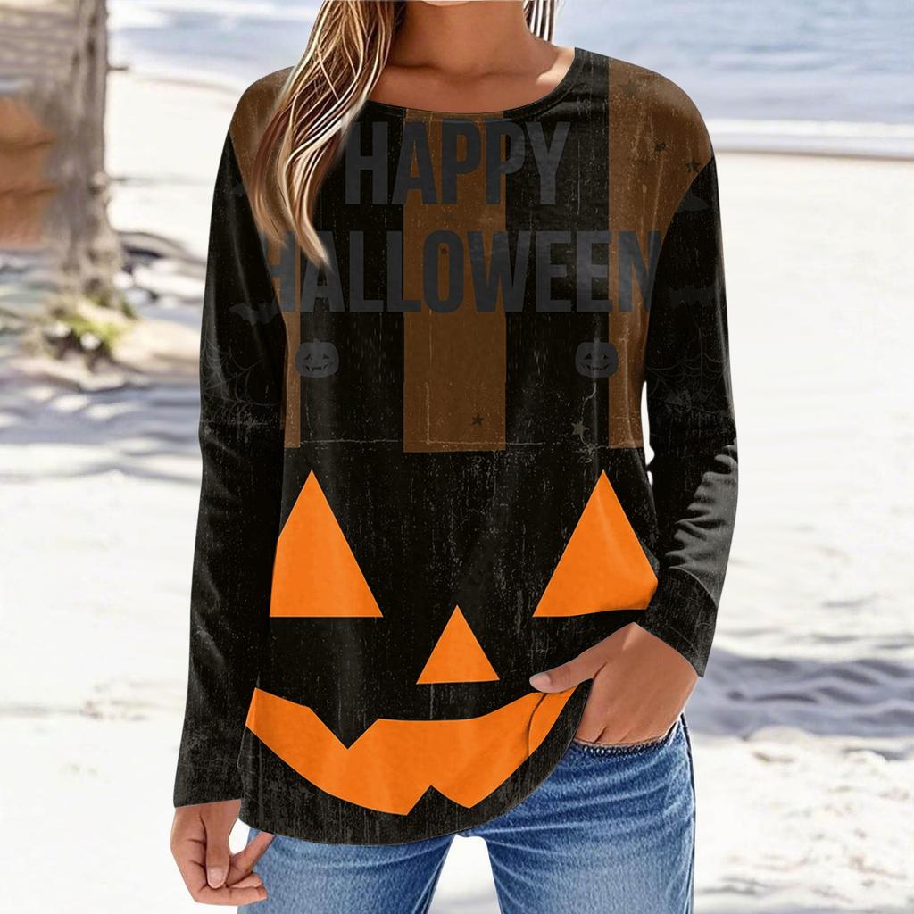 Women's Long Sleeve Casual Halloween Print Pullover Sweatshirt Round Neck Comfortable Fit Seasonal Top for Autumn Winter