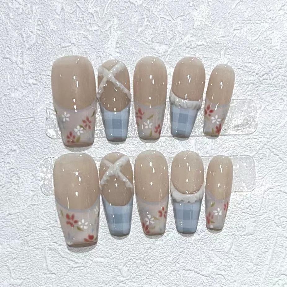 Spring Nail Art Wear Armor Handmade Gypsum Hand-painted Small Flower Plaid French Removable Nail Sheet