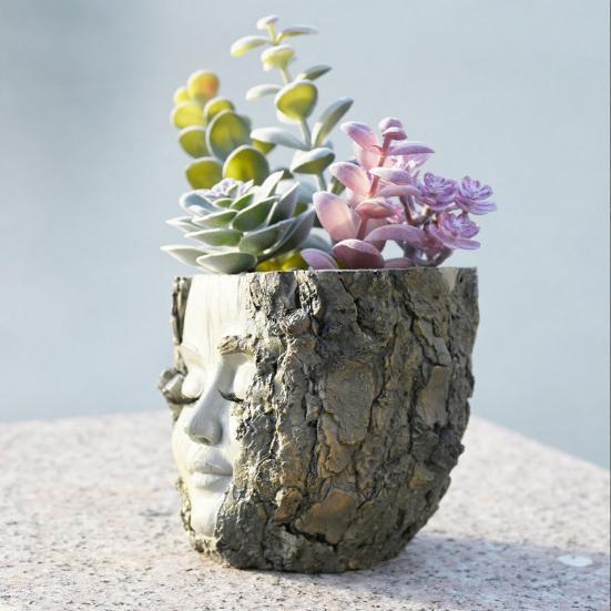 Handmade Girl Face Stump Planter 5" Resin Head Tree Stump Flower Vase with Drainage Hole for Outdoor Garden Patio Desk Decor