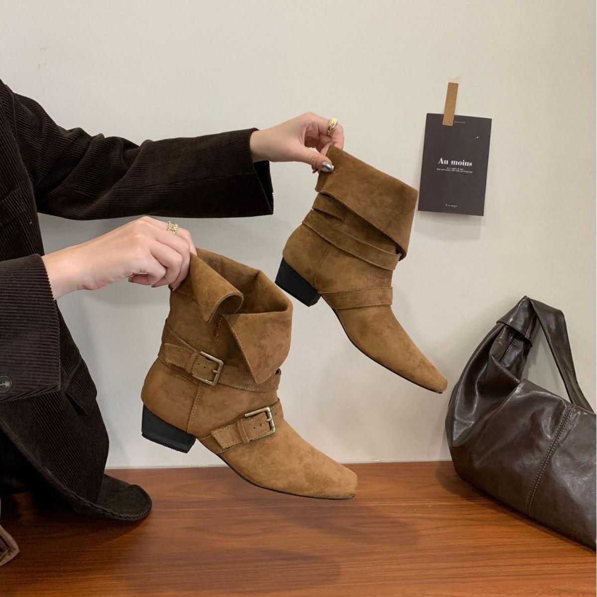 

2025 new round head suede low tube thin belt buckle thick heel versatile Martin fashion women s short boots 39 кофейный