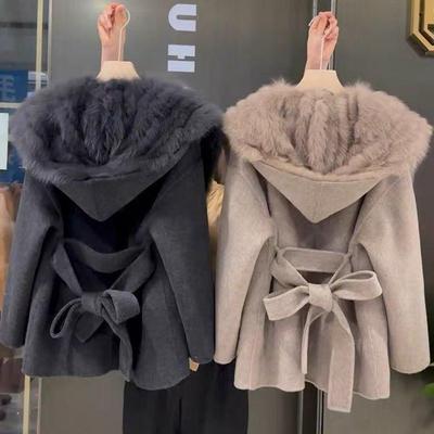 Pink Hooded Coat Women's Autumn Winter Belt Popular Woolen Coat Fur Coat Fragrant Wind High End Lightweight Short Fur Neck