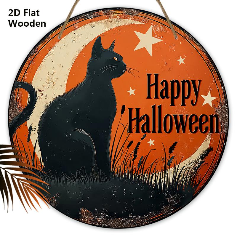 

Деревянная табличка «Счастливого Хэллоуина» с рисунком черного кота - Фигурки-украшения с узором полумесяца и звезды - Идеально для входной двери, двора, крыльца, декора комнаты 20cm/7.87in чёрный