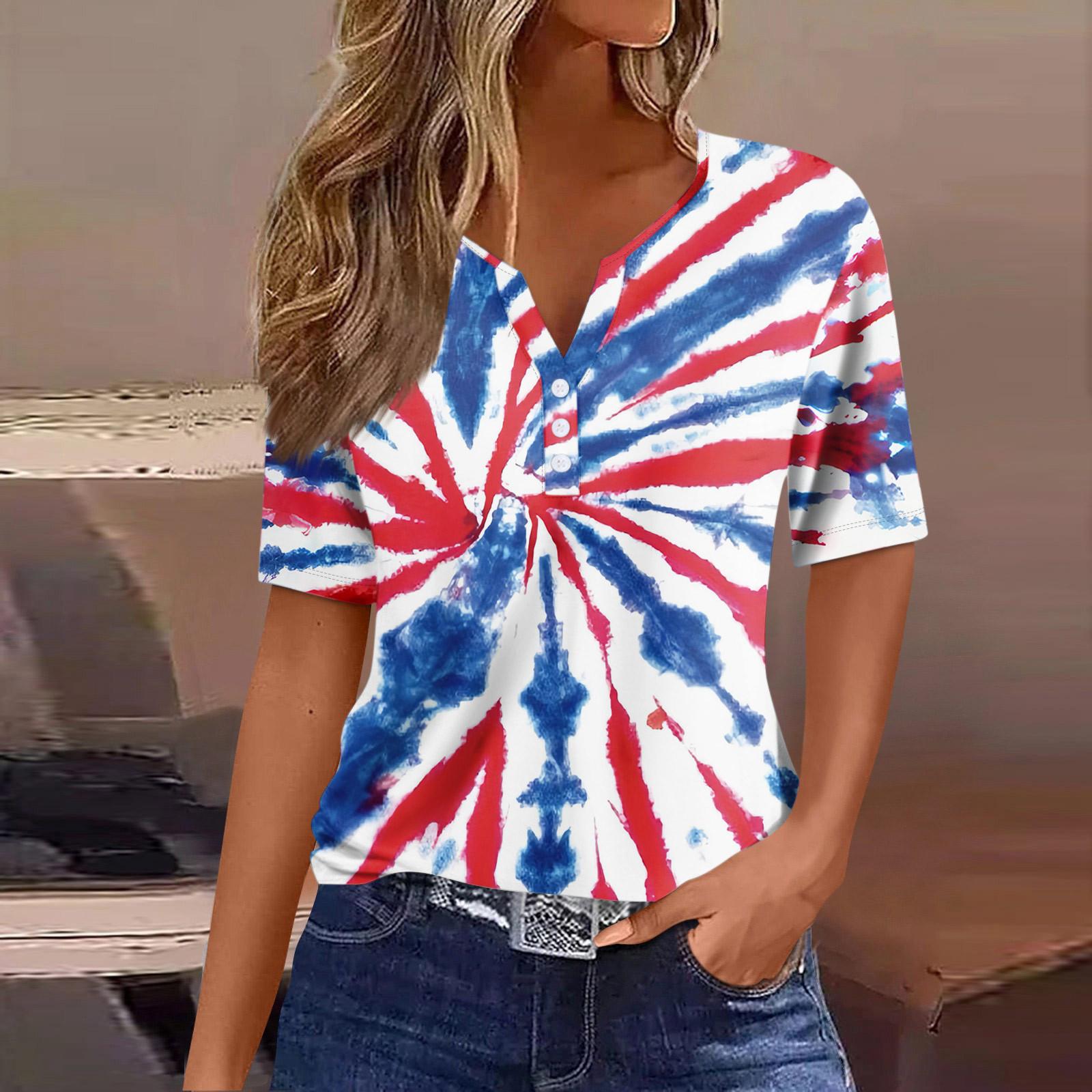 

Женская повседневная футболка с v-образным вырезом и короткими рукавами, украшенная пуговицами, с принтом в честь Дня независимости, топ XXL