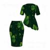 Women Plus Size Dark Green Shamrock Printed Round Neck Short Sleeve Asymmetric Top And Fitted Skirt Two Piece Set