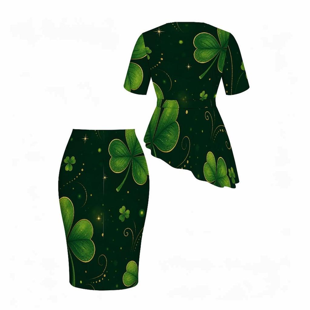 Women Plus Size Dark Green Shamrock Printed Round Neck Short Sleeve Asymmetric Top And Fitted Skirt Two Piece Set