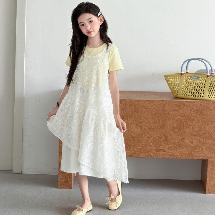 Koreanischer Stil Spitzen Sommer Zweiteiler Kleid mit unregelmäßigem Patchwork - Schichtendesign Midi