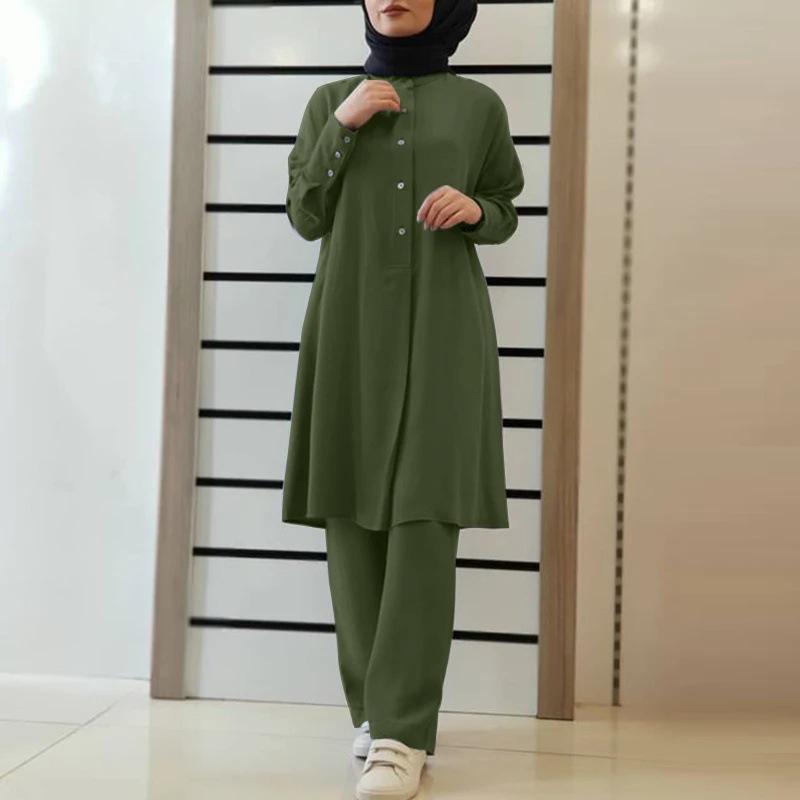 In-Stock H728# Women's Muslim Two-Piece Solid Color Shirt & Long Pants Set - Casual & Loose Fit