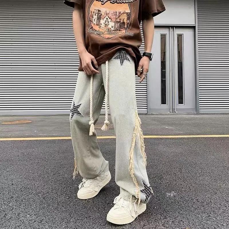 Modische Stern-Aufnäher Designs Hosen Herrenbekleidung Hohe Taille Weiter Bein Vintage Quaste Kordelzug Jeans Hosen Streetwear Jeans