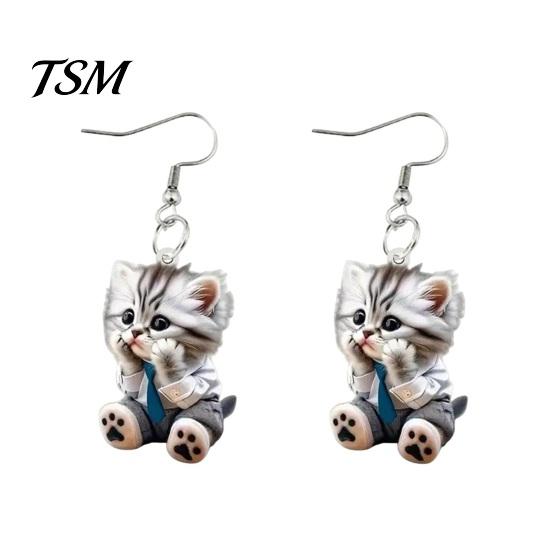 Women Evening Earrings 1 Pair Hook 2D Realistic Cat Shape Animal Theme Individual Ear Jewelry Dangle Anniversary Christmas Gift Hanging Lady