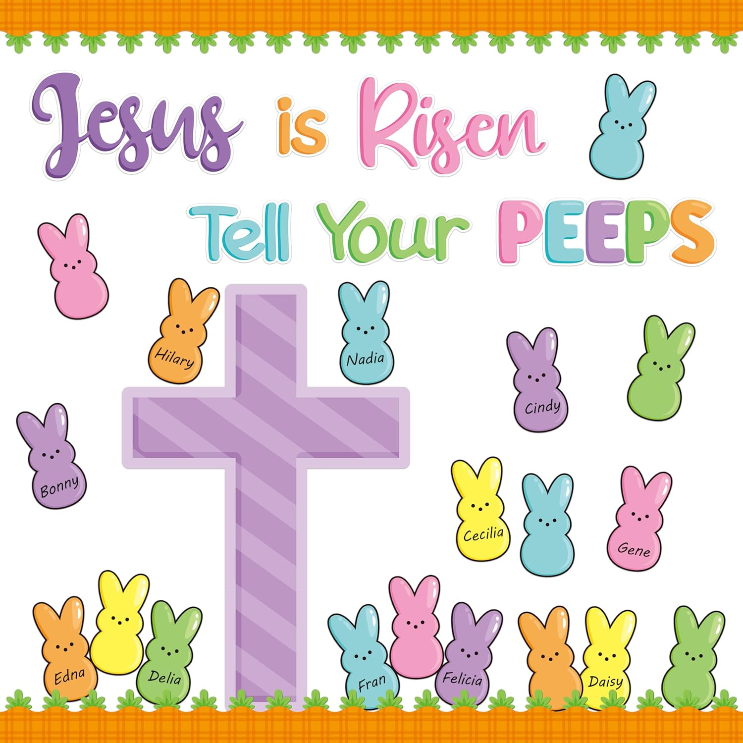 BeYumi Easter Peeps Bulletin Board - 77Pcs Easter Jesus is Risen Cross Christian Bulletin Border Set Candy Bunny Peeps Cutout Carrot Border Trim