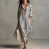 Spring Summer Women's Loose V-Neck Long Striped Printed Shirt Dress, Fashion Casual European American Style Casual Dress