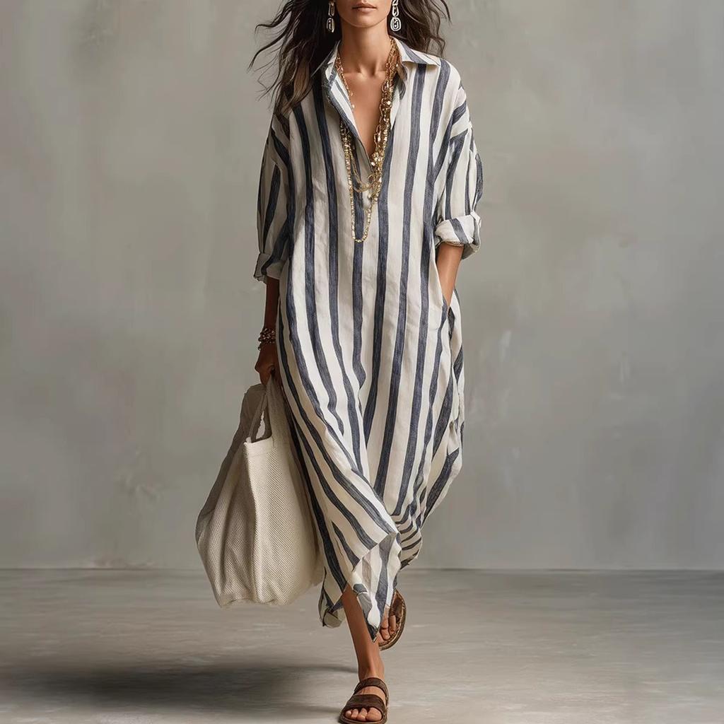 Spring Summer Women's Loose V-Neck Long Striped Printed Shirt Dress, Fashion Casual European American Style Casual Dress