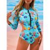 Maiô Feminino de Manga Longa Peça Única com Zíper Frontal Estampa de Flores em Tinta e Lavagem Protetor Solar para Surfe Roupa de Banho