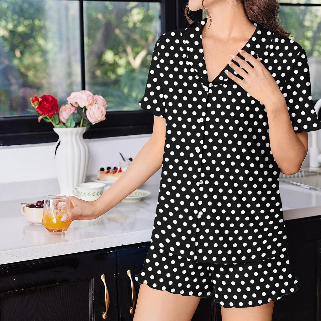 Damen Zweiteiliges Pyjama-Set Kurzarm-Hemd mit Knöpfen und Rüschensaum mit Polka-Dot-Print mit passender Hose Loungewear-Schlafanzug-Set
