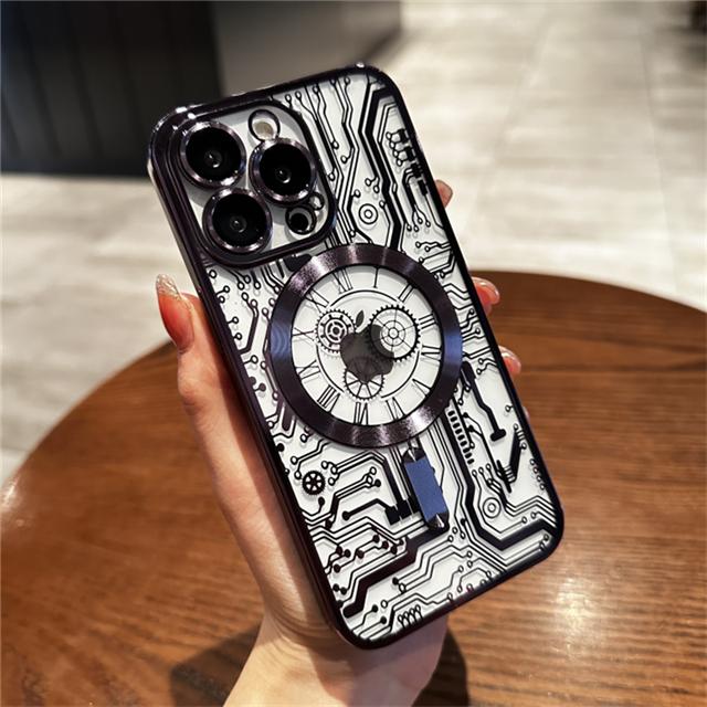 For iPhone 15 Pro Max Luxury Plating Magsafe Magnetic Mechanical Pattern Phone Case For iPhone 11 12 13 14 Plus Protective Cover
