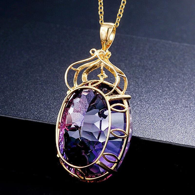 Huitan Purple Cubic Zirconia Oval Pendant Necklace for Women Temperament Elegant Lady's Neck Accessories Wedding Trendy Jewelry