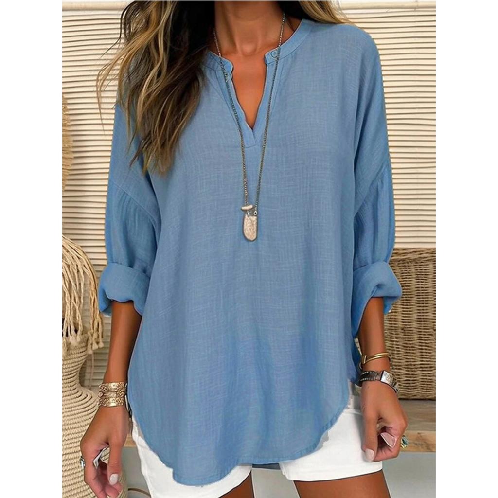 New Women's Long Sleeve T-shirt, Small V Stand Collar Button Drop Shoulder Curved Hem Tops for Women, European Style Casual Ladies Clothing