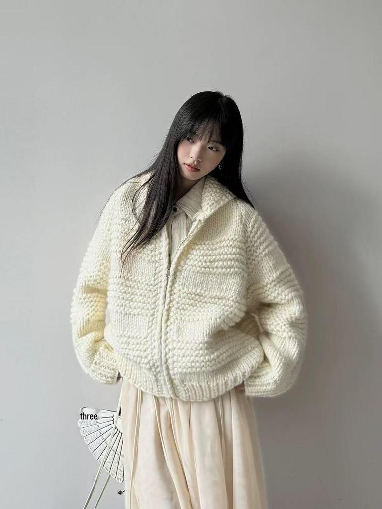 Women's High Neck Zip-up Chunky Knit Cardigan - Japanese & Korean Style (Autumn/Winter)