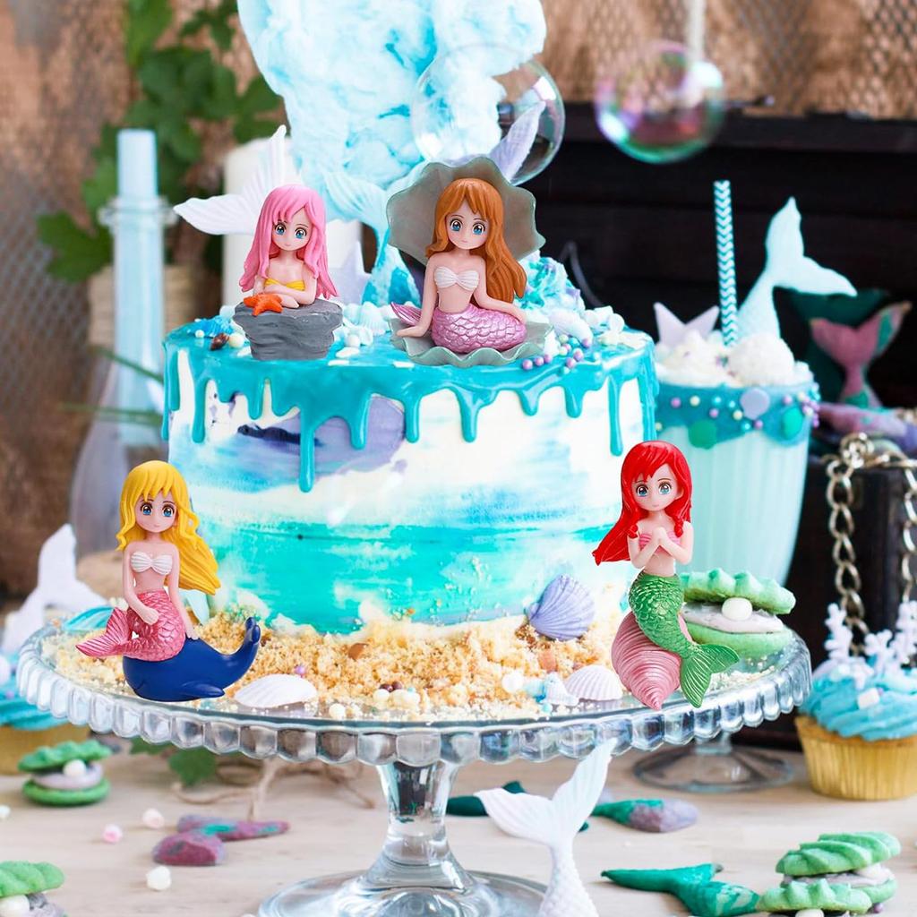 4pcs Mermaid Cake Topper Little Cute Mermaid Doll Figurines Decorations for Mermaid Princess Under the Sea Theme Birthday Party