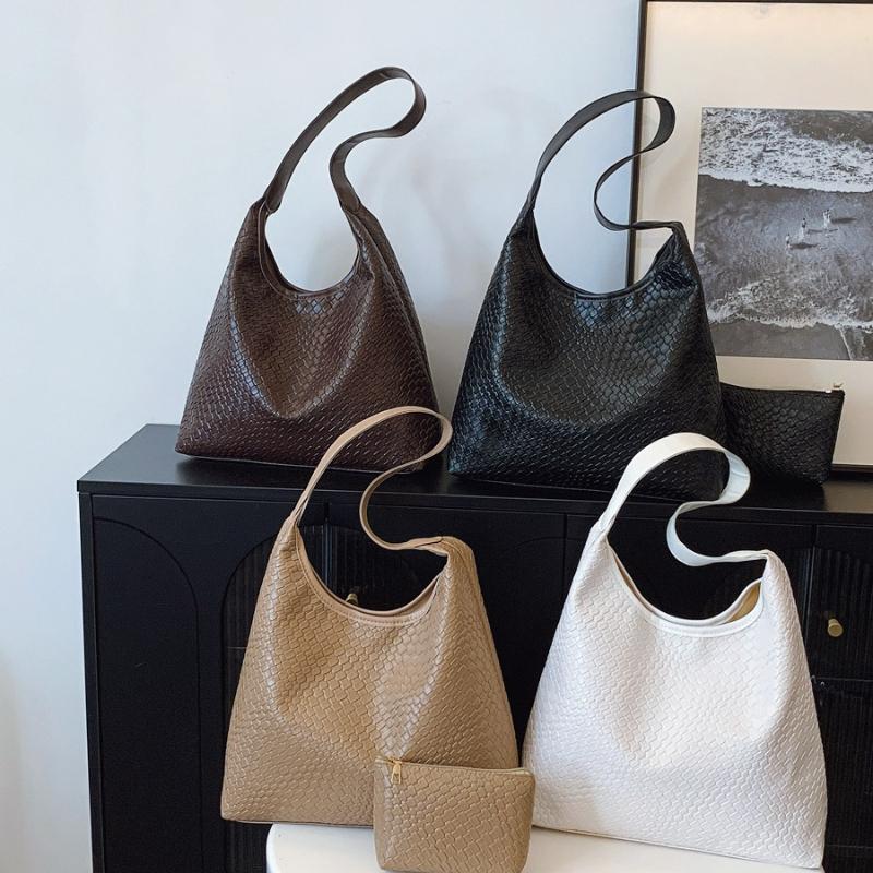 Women Retro Woven Pattern Hobo Bag, Soft PU Large Shoulder Tote Bag, Everyday Casual Handbag with Matching Mini Pouch for Work Travel