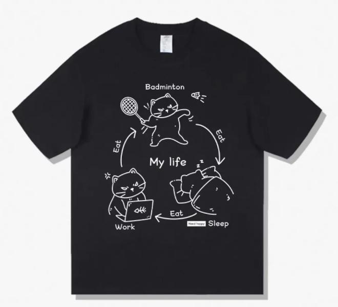 

Badminton Cat Three Points and One Line] Fun Pattern Short-sleeved T-shirt Loose and Versatile Pure Cotton Summer T-shirt Men 4XL